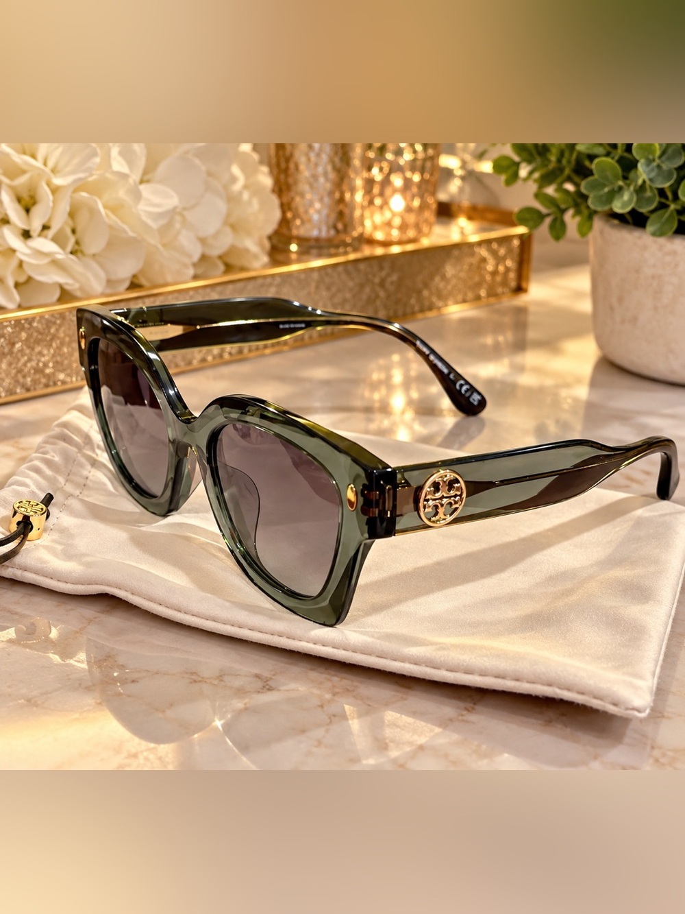 Tory Burch Oversized Green Sunglasses + Tory Sunglass Sleeve 💚